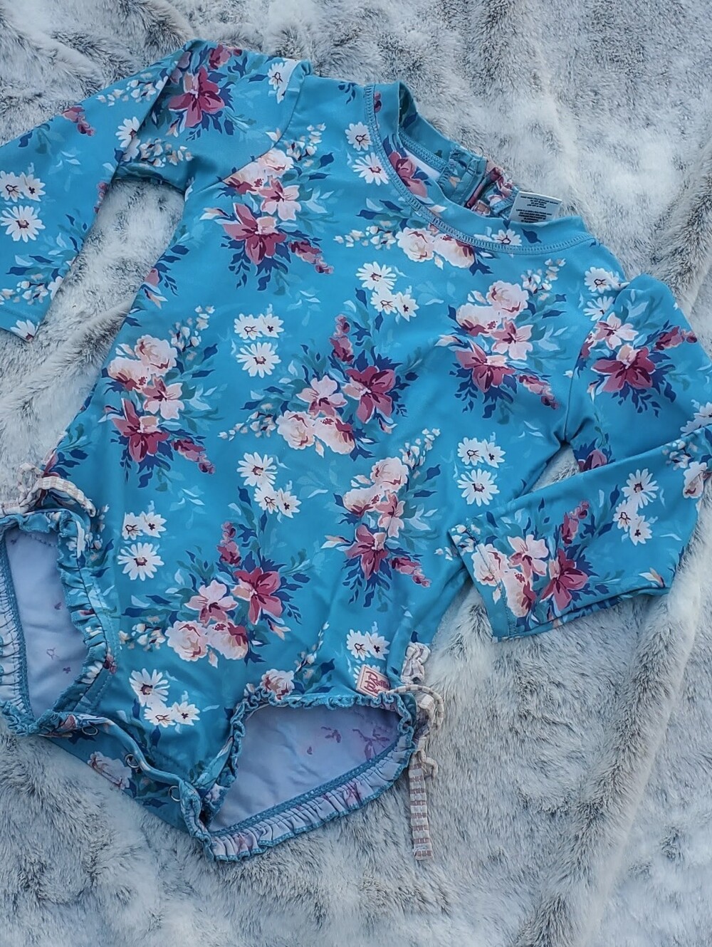 Ruffle Butt 2T Blue Floral Rashguard Girls One-Piece Swim Suit